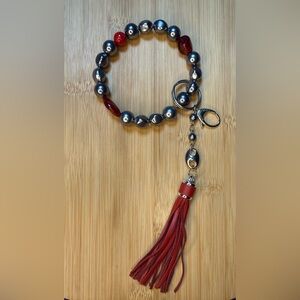 Red and Silver Beaded Key Ring Bracelet Wristlet w/ Red Tassel